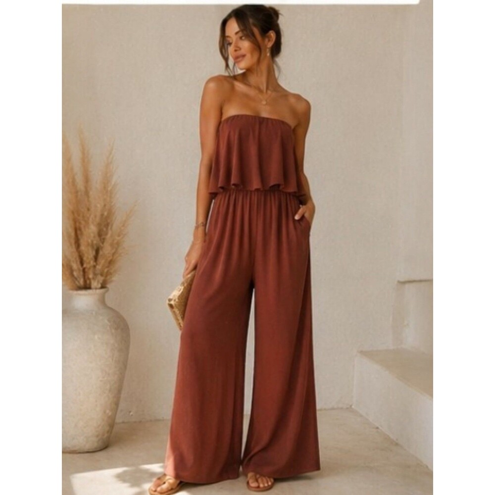 VICI Strapless Wide Leg Jumpsuit Copper Brown Flowy Overlay Small Boho Flowy
